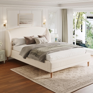 Hazel Queen Bed Frame with Soft Boucle Wingback Headboard, Upholstered Platform Bed with Wood Slats, 86.5'' L x 68'' W x 45.5'' H, White