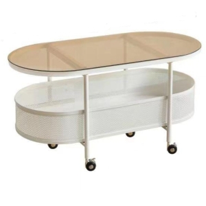 Oval Rolling Metal Coffee Table with 4 Swivel Casters, Tempered Glass Top, Storage Bin with Bottom Perforated, 35.5" L x 18" W x 18" H, White