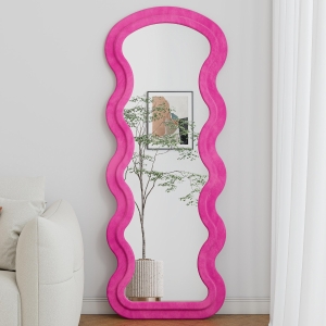 Flannel-Covered Wavy Full-Length Floor Mirror with True-Reflection Glass, Metal Glass with Shatter-Resistant Backing, 63" L x 24" W x 2.5" H, Rose
