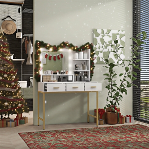 HOMCOM Illuminated Dressing Table, LED Vanity Table with Mirror, 3 Drawers and Storage Shelves for Bedroom, White