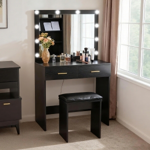 HOMCOM Makeup Vanity Desk Set with Stool, Dressing Table with LED Lighting Mirror, Drawers, for Bedroom, Black