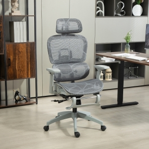 HOMCOM Ergonomic Office Chair with Lumbar Support, Mesh Office Chair with 3D Armrest, 135° Reclining, Adjustable Headrest, Grey
