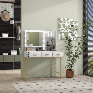 HOMCOM Illuminated Dressing Table, LED Vanity Table with Mirror, 3 Drawers and Storage Shelves for Bedroom, White