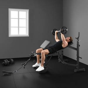 Soozier Weight Bench Stand with Squat Rack, Adjustable Olympic Bench, Multifunctional Arm Curl Pad, Leg Extension, Grey