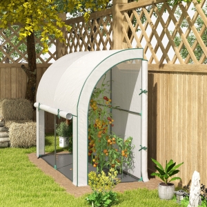 Outsunny Walk-in Lean-to Greenhouse, Outdoor Gardening Green House with Zipper Roll-up Doors and Window, 7' x 3' x 5', White
