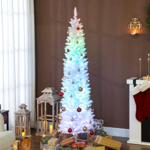 HOMCOM 6ft Christmas Tree with Colourful DIY Synchronized LEDs, Hinged Pencil Xmas Tree with Remote, Daily Timer, White