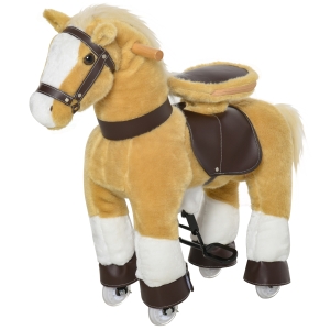 Qaba Ride on Horse, Plush Walking Horse Toy, Kids Riding Chair with Wheels for Kids 3-8 Years, Light Brown