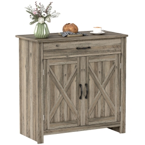 HOMCOM Farmhouse Sideboard Buffet Cabinet, Barn Door Coffee Bar Cabinet with Drawer and Adjustable Shelf for Kitchen, Living Room, Entryway, Gray