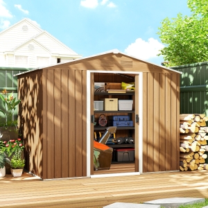 Outsunny 8' x 6' Outdoor Storage Shed, Metal Garden Tool Storage House with Lockable Sliding Doors and Vents for Backyard Patio Lawn, Dark Brown