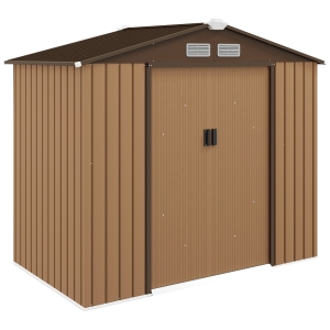 Outsunny 7' x 4' Outdoor Storage Shed, Garden Tool House w/ Foundation Kit Vents & Sliding Doors for Backyard Patio, Brown
