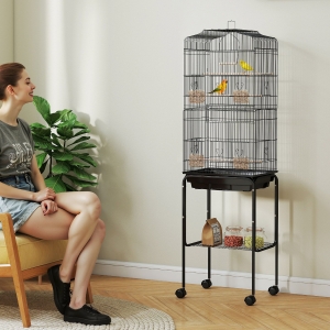 PawHut 62" Rolling Bird Cage Cockatoo House Play Top Finch Pet Supply with Storage Shelf, Wheels - Black