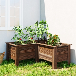 Outsunny Raised Garden Bed, Wooden Elevated Planter Box Outdoor with Legs, for Vegetables, Flowers, Herbs, L-shaped, Carbonized