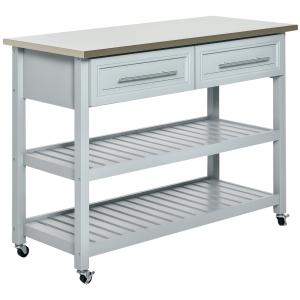 HOMCOM Kitchen Island with Stainless Steel Top, Traditional Kitchen Island with Storage, Butcher Block Cart 2-Tier Open Shelves, Drawers, Light Gray