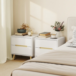 HOMCOM Nightstands Set of 2, Bedside Table with 2 Drawers, Modern Side End Table with Solid  Wood Legs for Bedroom, White