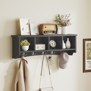HOMCOM Coat Rack Wall Mount with Shelf, 28" Wall Coat Rack with 5 Hooks and 4 Compartments for Living Room, Entryway, Black