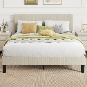 HOMCOM Queen Size Bed Frame with Adjustable Upholstered Headboard Platform Bed Frame Wood Slat Support Noise Free Light Grey