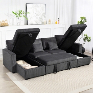 HOMCOM Convertible Sofa Bed, Corduroy U-Shaped Sleeper Sofa Couch with Storage Chaise, Pillows, Spring, Futon Couch, Grey