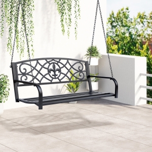 Outsunny 50"L Steel Porch Swing Fleur-De-Lis Patio Swing Chair Hanging Bench Outdoor 2-person Glider Chair Seat w/ Chain Antique Style Black