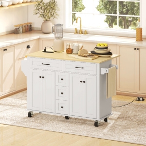 HOMCOM Kitchen Island Cart with Power Outlet & Drop Leaf, 55" Rolling Kitchen Island on Wheels with Storage, White