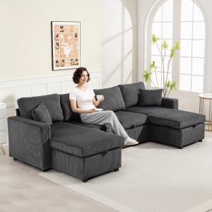 HOMCOM Convertible Sofa Bed, Corduroy U-Shaped Sleeper Sofa Couch with Storage Chaise, Pillows, Spring, Futon Couch, Grey