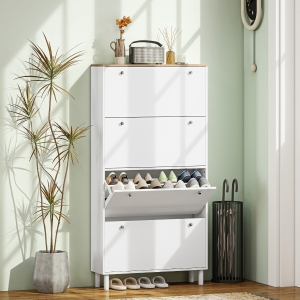 HOMCOM Narrow Shoe Cabinet with 4 Flip Drawers, Shoe Storage Cabinet with Adjustable Shelves, Holds 24–32 Pairs, White