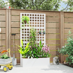 Outsunny Galvanized Raised Garden Bed Planter Box with Trellis for Climbing Plants, Vegetable, Vines, 35" x 16" x 70", White