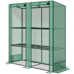 Outsunny Lean-to Greenhouse with 3 Tier Shelves, Portable Greenhouse with PE Cover, 2 Roll-Up Doors, 56.7" x 18.9" x 59.8", Green