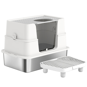 PawHut XL Stainless Steel Litter Box w/ 100° Flip Top, Scoop, Step, Top & Side Entry Enclosed Litter Box for Big Cats