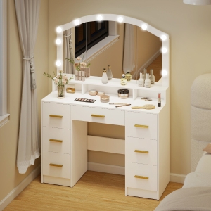HOMCOM Makeup Vanity with Mirror and 10 LED Lights, 3 Colour Adjustable, Dressing Table with 7 Drawers, 3 Compartments, White