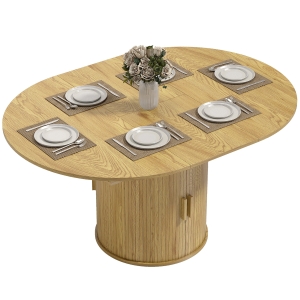 HOMCOM Extendable Dining Table for 6, 60" Farmhouse Kitchen Table with 2-Tier Storage Shelf and Fluted Sliding Doors, Natural