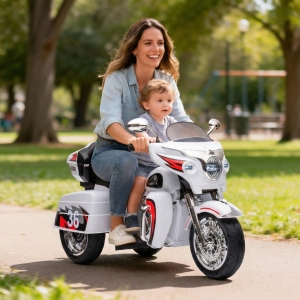 2-Seat 12V Kids Electric Ride-On Motorcycle with Storage Trunk, 3-Wheel Motorbike with MP3 and Bluetooth, 43.5'' L x 19'' W x 26.5'' H, White