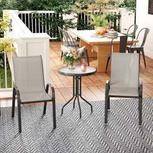 Outsunny 3 Pieces Bistro Set, Small Patio Furniture Set with Stackable Mesh Chairs, Glass Table for Garden, Balcony, Light Grey