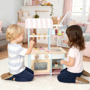 Qaba Wooden Ice Cream Toy Shop Kids, Pretend Play Food Store with Toy Food and Oven for Boys and Girls Aged 3+