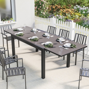 Outsunny Expandable Outdoor Dining Table, 55"-95" Patio Table with Tempered Glass Top and Aluminum Frame, Black