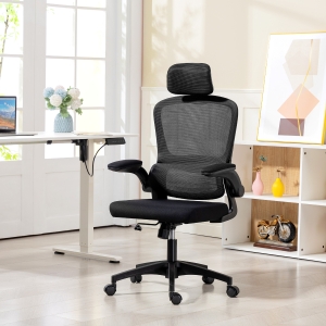 HOMCOM Ergonomic Mesh Office Chair, High Back Desk Chair with Rotatable Headrest, Flip-Up Armrests, Lumbar Support, Black
