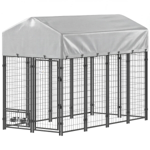 PawHut 8' x 4' x 6' Outdoor Dog Kennel, Dog Kennel Outside Run with 360° Rotating Bowls, Waterproof & UV Resistant Cover