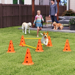 PawHut Dog Agility Hurdle Cone Set, Adjustable Obstacle Course Equipment with 6 Cones & 6 Poles, Carry Bag, Orange