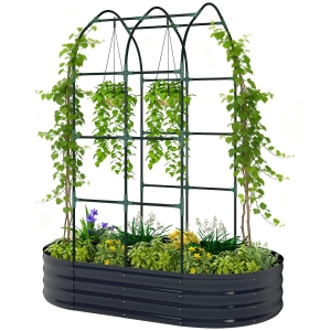 Outsunny Galvanised Raised Garden Bed with Arched Trellis, 5 x 3 x 6ft Metal Outdoor Planter Box with Open Bottom, Dark Gray