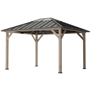 Outsunny 10' x 12' Hardtop Gazebo with Galvanized Steel Roof, UPF50+ Wood Permanent Pavilion with Clear Roof Top, Light Walnut