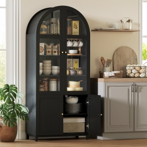 HOMCOM Arched Kitchen Pantry Cabinet, 71" Tall Farmhouse Kitchen Storage Cabinet with Acrylic Glass Doors, Black