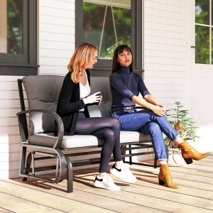 Outsunny 2-Person Outdoor Glider Chair, Patio Double Rocking Loveseat with Steel Frame and Cushions for Backyard, Garden and Porch, Grey