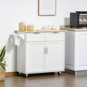 HOMCOM Rolling Kitchen Island with Storage Drawers, Kitchen Cart with Rubber Wood Top, Cabinet & Towel Rack, White