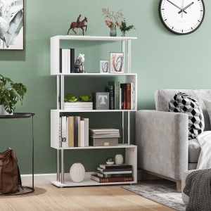 HOMCOM 5-Tiers Geometric Wooden Bookcase S-Shaped Storage Bookshelf Display with Metal Frame for Living Room, Bedroom, Home Office, White