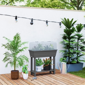 Outsunny 41L Self Watering Raised Garden Bed w/ Ventilation Transparent Lid Greenhouse, Planter Box w/ Storage Shelf, Dark Grey