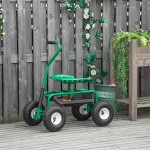 Outsunny Garden Scooter, Rolling Cart with Swivel and Adjustable Seat, Tool Tray, Bucket Basket, Green and Black