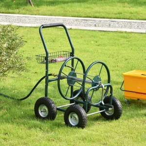 Outsunny Garden Hose Reel Cart, Portable Hose Organizer with Hose Guide System, 4 Wheels & Storage Basket for Yard, Garden, Farm