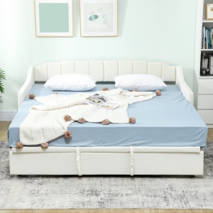HOMCOM Upholstered Twin Trundle Bed, Extendable Twin to King Day Bed with Headboard and Armrests, Cream White