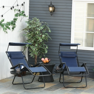 Outsunny 2 Piece Foldable Lounge Chair with Canopy Shade, Outdoor Zero Gravity Chair w/ Side Tray & Cup Holder, Reclining Lounger w/ Breathable Mesh Fabric Seat, Pillow, Blue