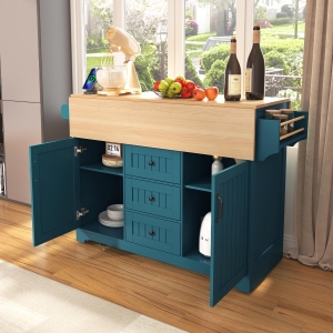 Mobile Kitchen Island with Built-in Charging Station and 3 Deep Drawers, Rolling Kitchen Cart for 4–6 Seating, 55.5'' L x 34'' W x 36.5'' H, Green