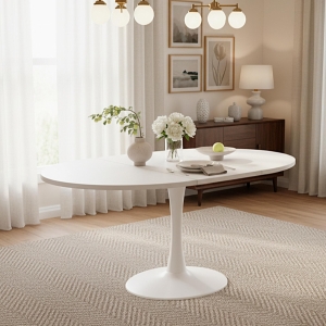 Extendable Round Dining Table for Open-Plan Kitchens and Dining Areas, Modern Table for 4–6 People, 55'' L x 39.5'' W x 29.5'' H, White